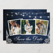 Rustic Blauwe Houten Lichtjes Kant 3 Foto Save The Save The Date (Voorkant / Achterkant)