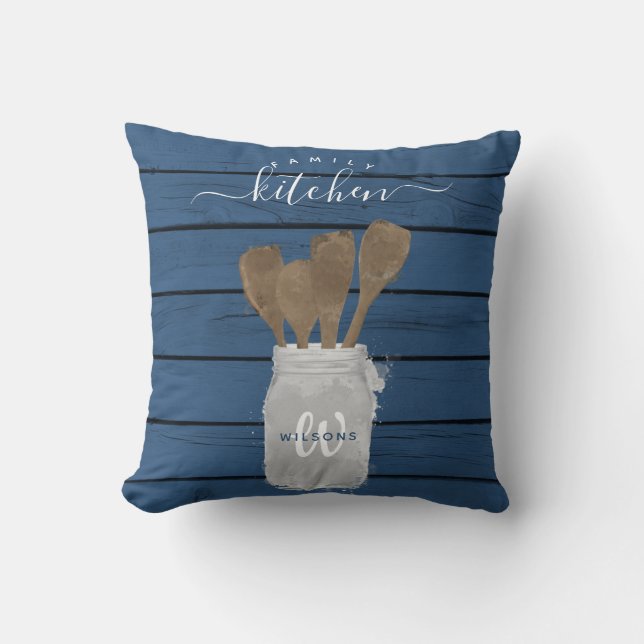Rustic Blauwe Houten Pot Lepel Familie Keuken Deco Kussen (Voorkant)