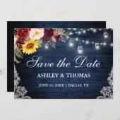 Rustic blauwe houten potlichtjes gemengde bloemsla save the date (Voorkant / Achterkant)