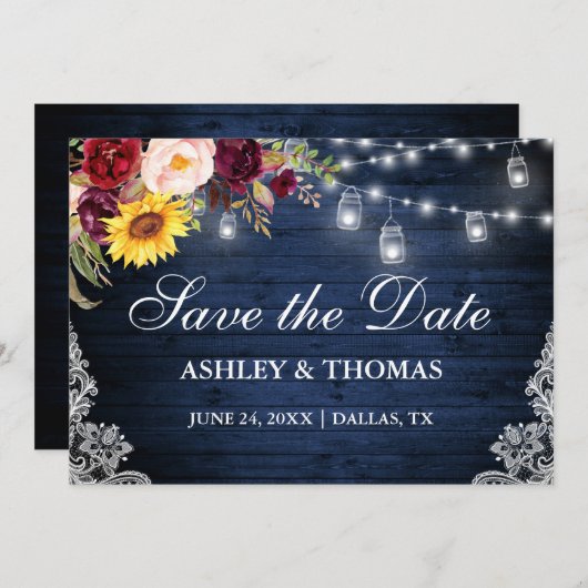 Rustic blauwe houten potlichtjes gemengde bloemsla save the date (Voorkant / Achterkant)