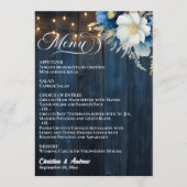 Rustic Blauwe Houten Slingerlichten Bloem Bruiloft Menu (Voorkant)