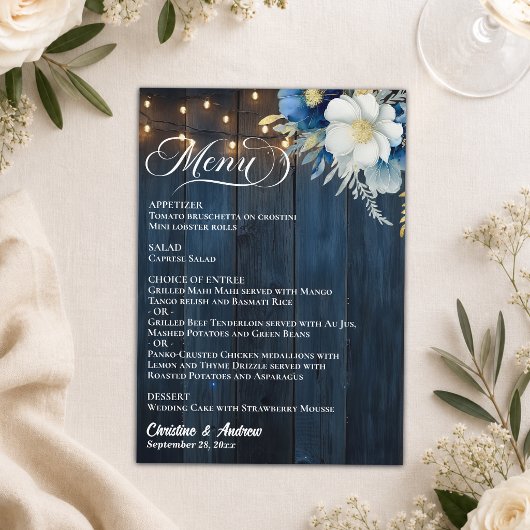 Rustic Blauwe Houten Slingerlichten Bloem Bruiloft Menu