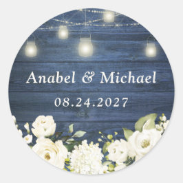 Rustic Blauwe Houten Witte Bloemen Mason Pot Stick Ronde Sticker