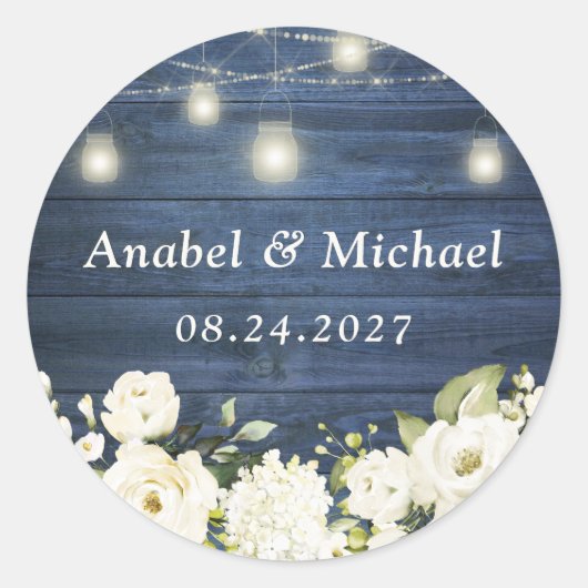 Rustic Blauwe Houten Witte Bloemen Mason Pot Stick Ronde Sticker (Voorkant)