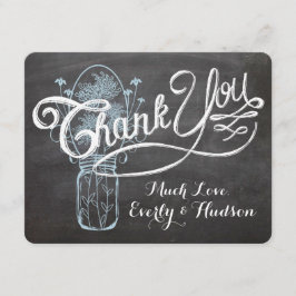Rustic blauwe metselpot-krijtbordhuwelijk bedankkaart