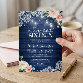 Rustic Blauwe Slingerlichten Bloemige Sweet 16 Ver Kaart