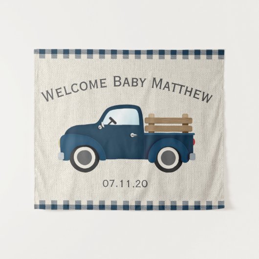 Rustic blauwe vrachtwagen jongen babyshower achter wandkleed (Voorkant (horizontaal))