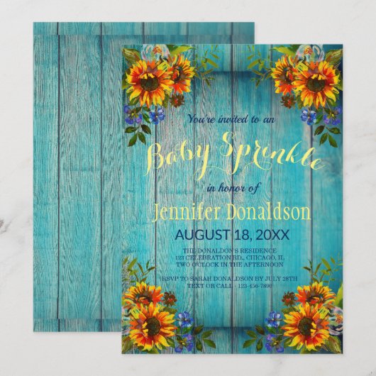 Rustic Blauwe Zonnebloem Baby Sprinkle Uitnodiging (Voorkant / Achterkant)