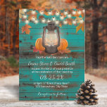 Rustic Blauwgroen Barn Lantern & Pumpkins Fall Wed Kaart<br><div class="desc">Rustic Autumn Lantern & Pumpkins String Lights Blauwgroen Barn Wedding Invitations.</div>