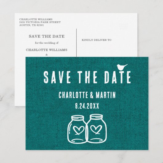 Rustic Blauwgroen Burlap Wedding Save the Date Bri Aankondigingskaart (Voorkant / Achterkant)