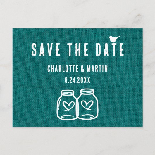 Rustic Blauwgroen Burlap Wedding Save the Date Bri Aankondigingskaart (Voorkant)