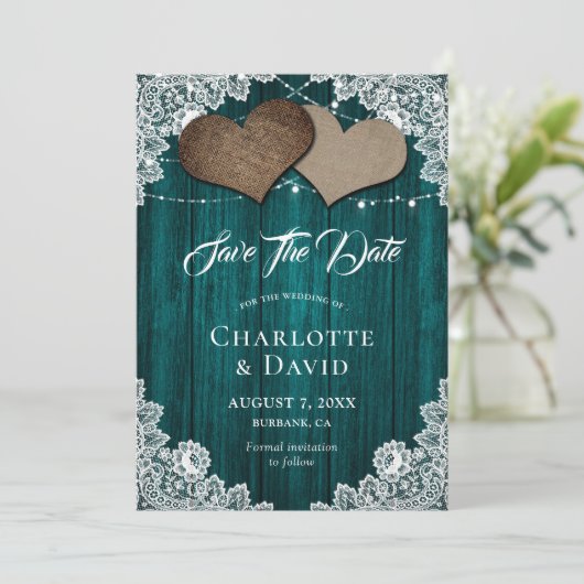 Rustic Blauwgroen Burlap Wedding Save the Date Kaa (Staand voorkant)
