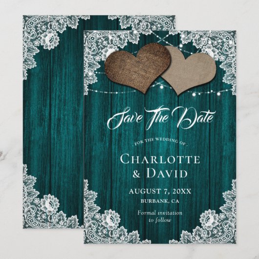 Rustic Blauwgroen Burlap Wedding Save the Date Kaa (Voorkant / Achterkant)