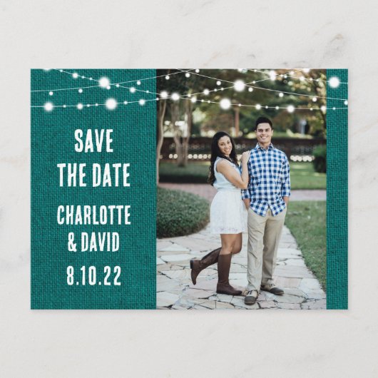 Rustic Blauwgroen Burlap Wedding Save the Date Pho Aankondigingskaart (Voorkant)