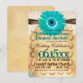 Rustic Blauwgroen Daisy Typography Wedding Invitat Kaart (Voorkant / Achterkant)