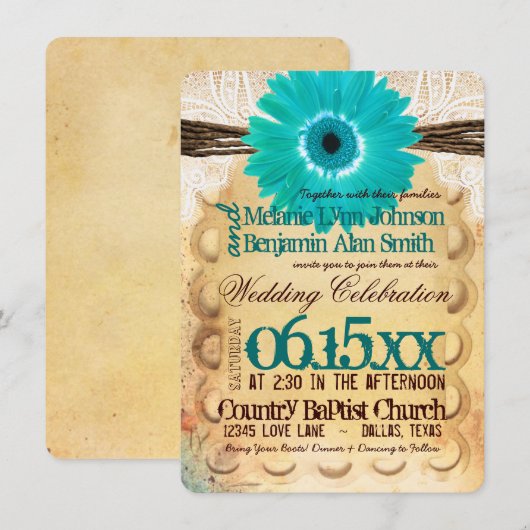 Rustic Blauwgroen Daisy Typography Wedding Invitat Kaart (Voorkant / Achterkant)