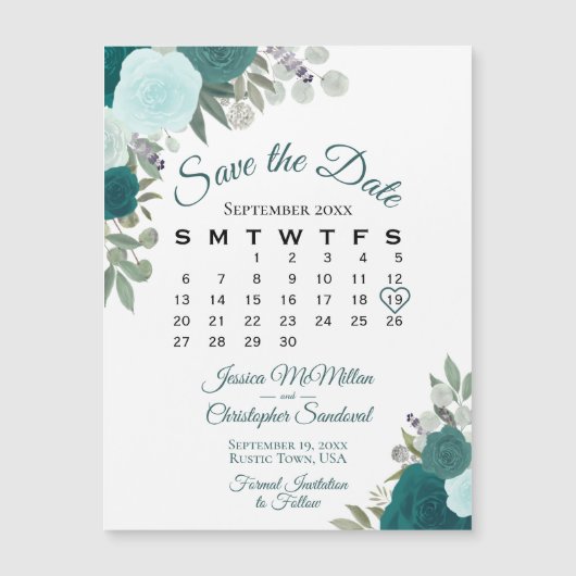 Rustic Blauwgroen Floral sparen de Magnet van de K (Voorkant)