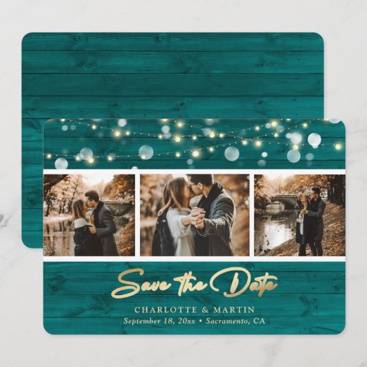 Rustic Blauwgroen hout Wedding 3 Foto slaat de dat Save The Date (Voorkant / Achterkant)