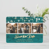 Rustic Blauwgroen hout Wedding 3 Foto slaat de dat Save The Date (Staand voorkant)