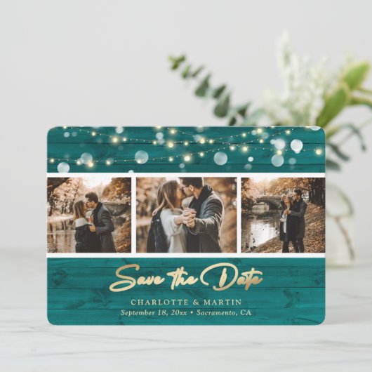 Rustic Blauwgroen hout Wedding 3 Foto slaat de dat Save The Date (Staand voorkant)
