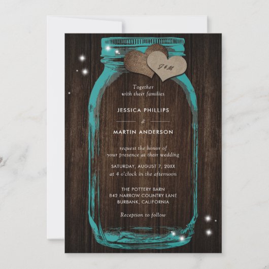 Rustic Blauwgroen Mason Jar Wedding Invitations Kaart (Voorkant)