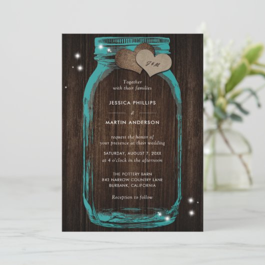 Rustic Blauwgroen Mason Jar Wedding Invitations Kaart (Staand voorkant)