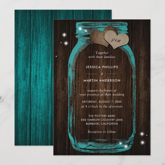 Rustic Blauwgroen Mason Jar Wedding Invitations Kaart (Voorkant / Achterkant)