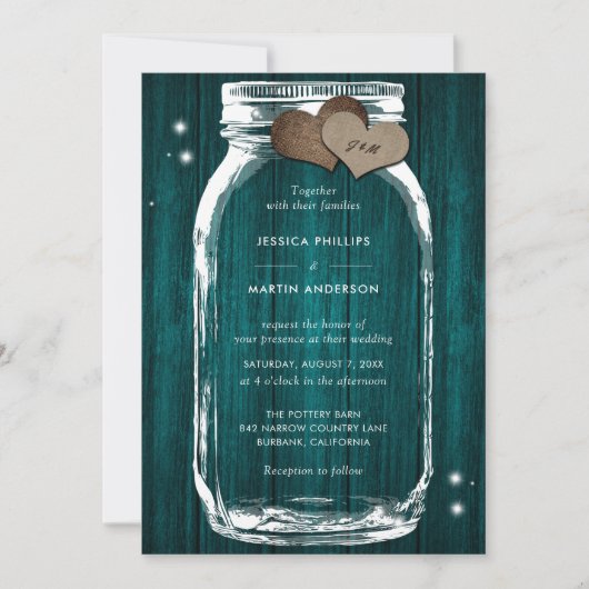 Rustic Blauwgroen Wood Mason Jar Wedding Invitatio Kaart (Voorkant)