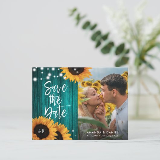 Rustic Blauwgroen Zonnebloem sparen het Briefkaart (Staand voorkant)