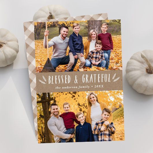 Rustic Blessed en Grateful 2 Photo Thanksgiving Feestdagenkaart