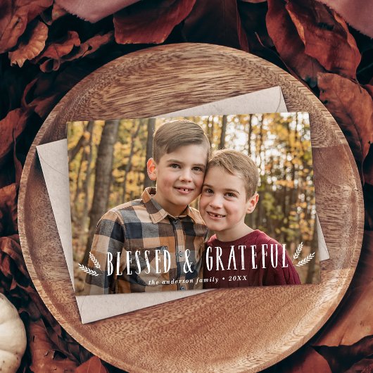 Rustic Blessed en Grateful Thanksgiving Foto Feestdagenkaart