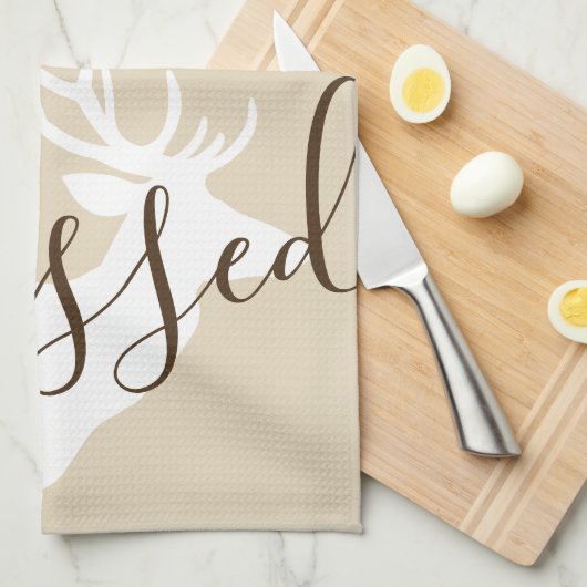 Rustic Blessed Script White Deer Silhouette Theedoek (Quarter Fold)