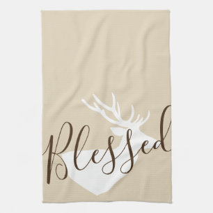Rustic Blessed Script White Deer Silhouette Theedoek