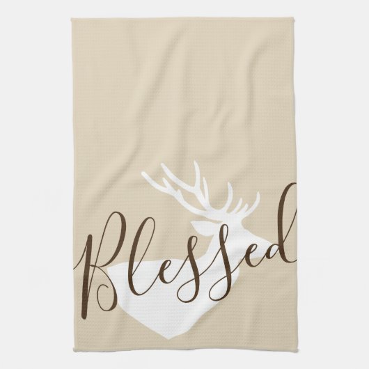 Rustic Blessed Script White Deer Silhouette Theedoek (Verticaal)
