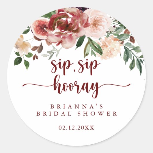 Rustic bloemensip sip hooray bruidsfeest ronde sticker (Voorkant)