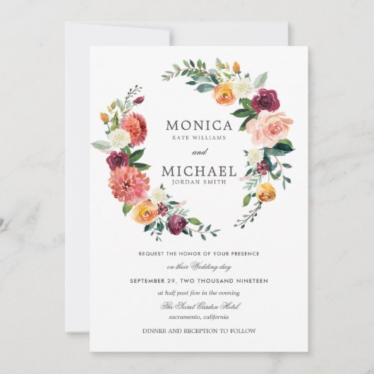 Rustic Bloom | Autumn Floral Wreath bruiloft Kaart (Voorkant)