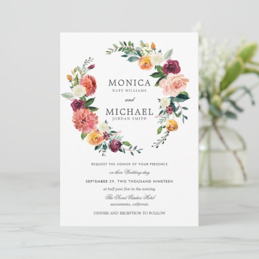 Rustic Bloom | Autumn Floral Wreath bruiloft Kaart (Staand voorkant)