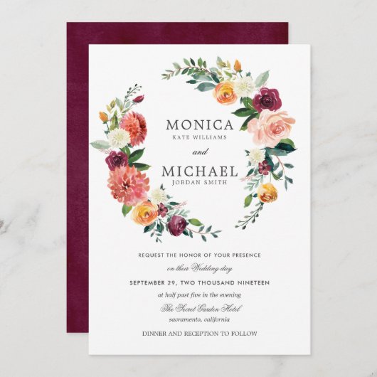 Rustic Bloom | Autumn Floral Wreath bruiloft Kaart (Voorkant / Achterkant)