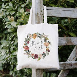 Rustic Bloom | BLOEMENMEISJE Tote Bag<br><div class="desc">Het tas van de rustige bruidspartij is voorzien van een waterverf florale poot van rozen,  pinda's en mums in rijke herfsttinten,  met "bloemmeisje" in handgeschreven letterschrift. Ontworpen om ons Rustic Bloom bruiloft en evenement collectie aan te passen.</div>