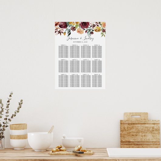 Rustic Bloom Burgundy Floral Wedding Seating Chart Poster (Keuken)