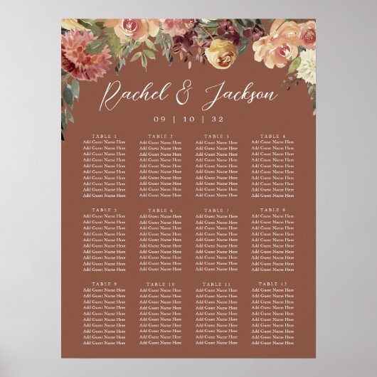 Rustic Bloom Floral Wedding Seating Chart Poster (Voorkant)