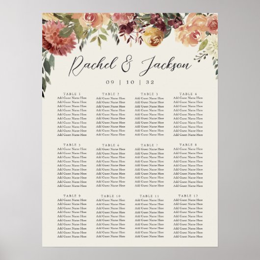 Rustic Bloom Floral Wedding Seating Chart Poster (Voorkant)