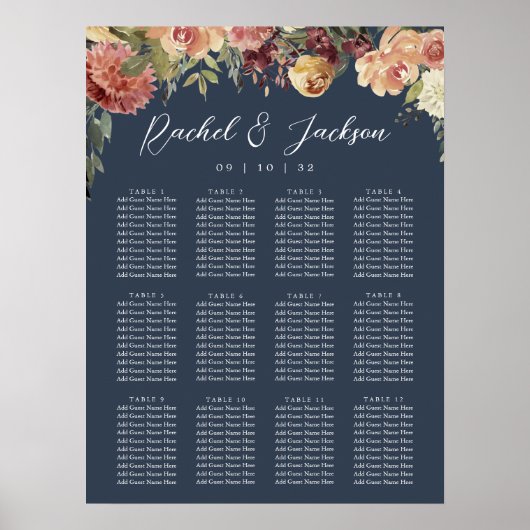 Rustic Bloom Floral Wedding Seating Chart Poster (Voorkant)
