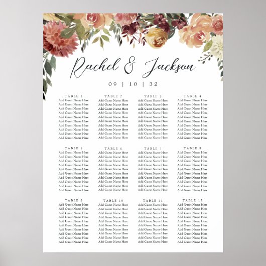 Rustic Bloom Floral Wedding Seating Chart Poster (Voorkant)