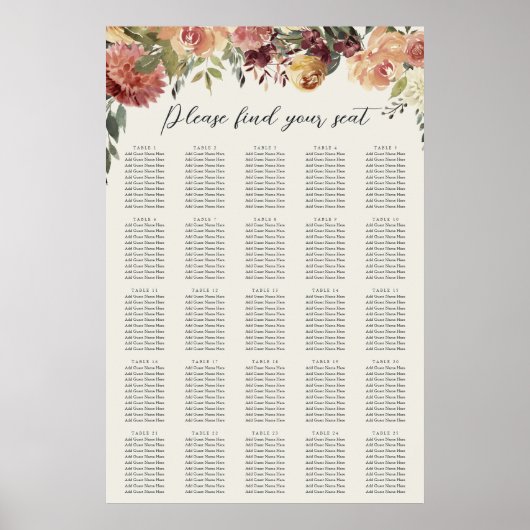 Rustic Bloom Floral XL Wedding Seating Chart Poster (Voorkant)