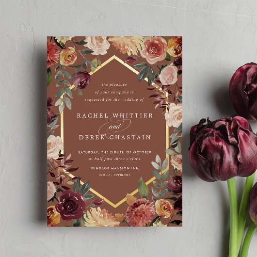 Rustic Bloom Geometric Waterverf Floral Wedding Folie Uitnodiging