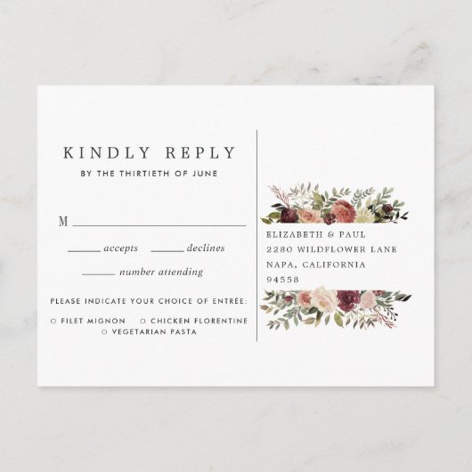 Rustic Bloom RSVP Briefkaart met keuze uit maaltij (Achterkant)