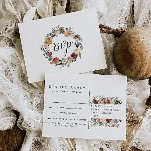 Rustic Bloom RSVP Briefkaart met keuze uit maaltij