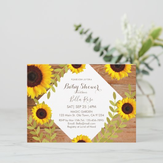 Rustic Bloom Sunflower Baby shower-uitnodiging (Staand voorkant)