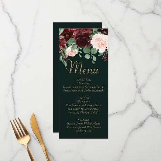 Rustic Bloom | Terracotta en Marsala Red Floral Menu (Voorkant / Achterkant in situ)